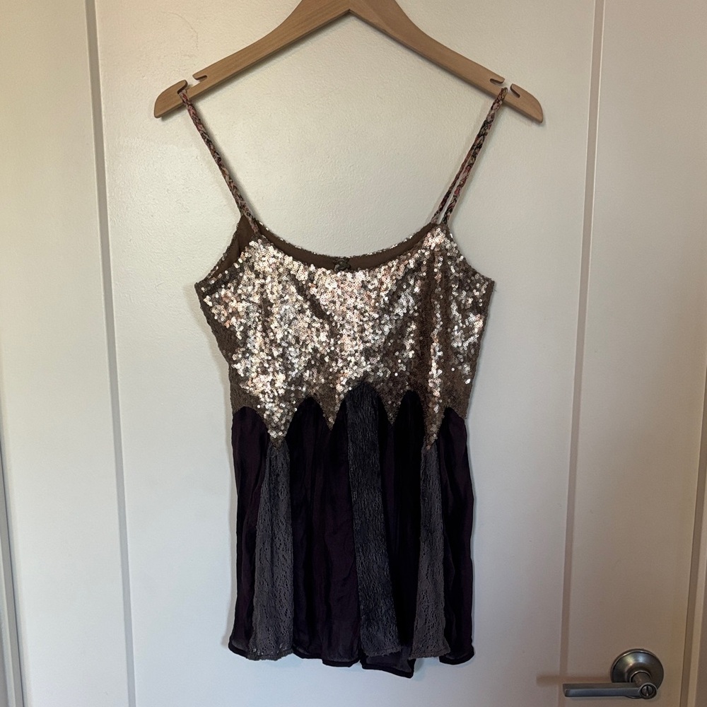 BKE Tank Top Blouse with sequin, lace detailing, and braided straps size XS